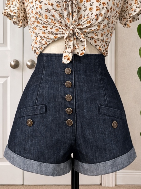 Gracia Pants - Gracia Dark Blue High-Waist Button-Front Denim Shorts